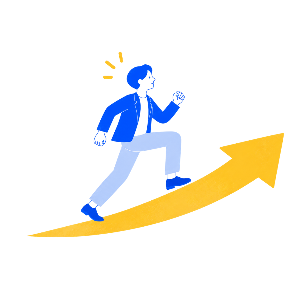 実戦を経て前へ進む新入社員のイラスト
